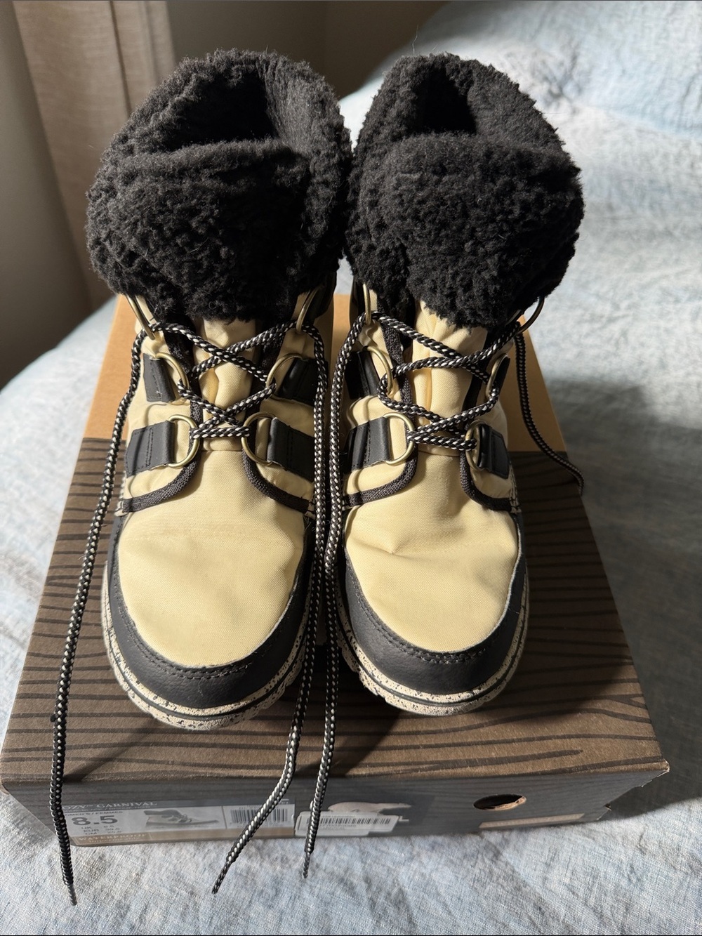 Sorel Beige and Black Shearling-Trim Winter Hiker Boots
